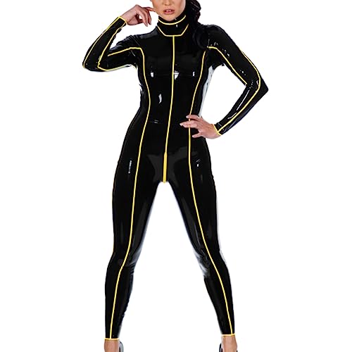 Schwarze und gelbe Streifen um den sexy Latex-Catsuit vom Rücken bis zum Schritt, Reißverschluss, Gummi-Bodysuit, Bodysuit Zentai, schwarz mit gelb, männlich M
