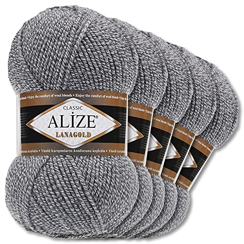 Alize 5 x 100 g Lanagold Wolle | 53 Auswahl | Stricken Häkeln Wolle (651 | Grau-Beige)