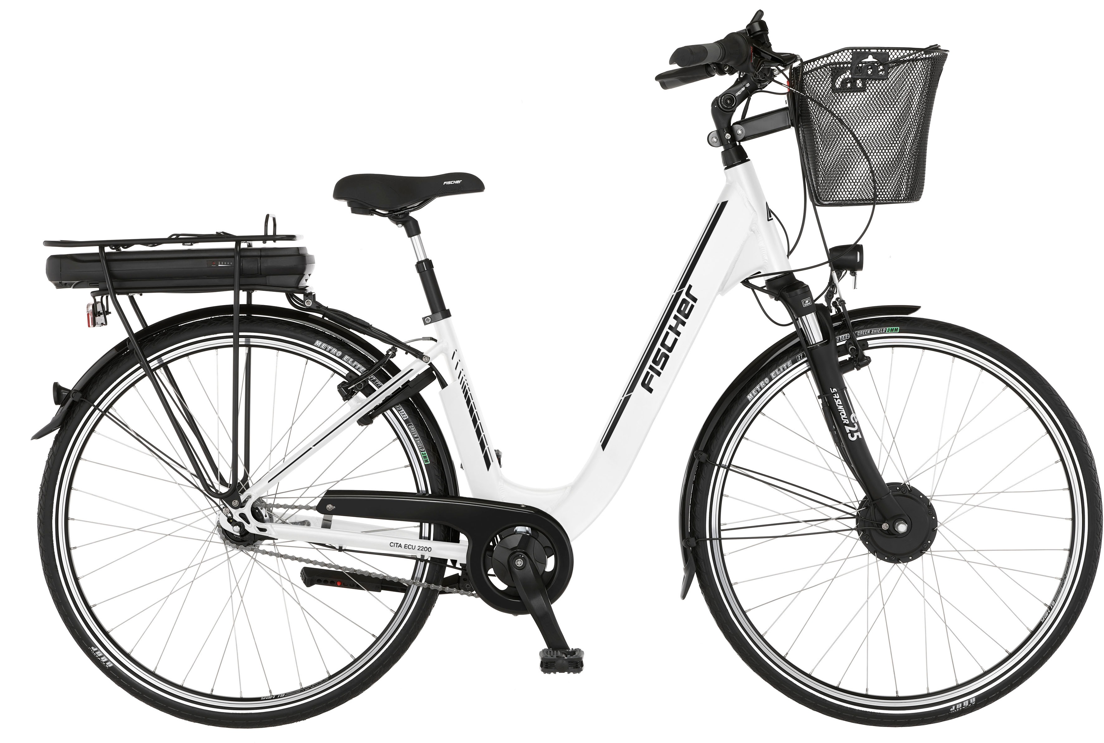 FISCHER Fahrrad E-Bike "CITA ECU 2200 418", 7 Gang, Shimano, Nexus, Frontmotor 250 W, (mit Akku-Ladegerät-mit Beleuchtungsset-mit Fahrradschloss)