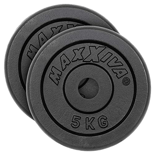 MAXXIVA Hantelscheiben 2er Set Gewichtsplatte je 5 kg 100% Gusseisen schwarz 10 kg Fitness Krafttraining Bodybuilding Workout Gewichtheben Reha