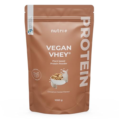 Nutri + Vegan Vhey Cinnamon Cereal 1 kg - 3k Eiweißshake - Veganes Eiweißpulver ohne Laktose Protein Powder - Proteinkomplex Zimt Cerealien 1000 g Proteinpulver