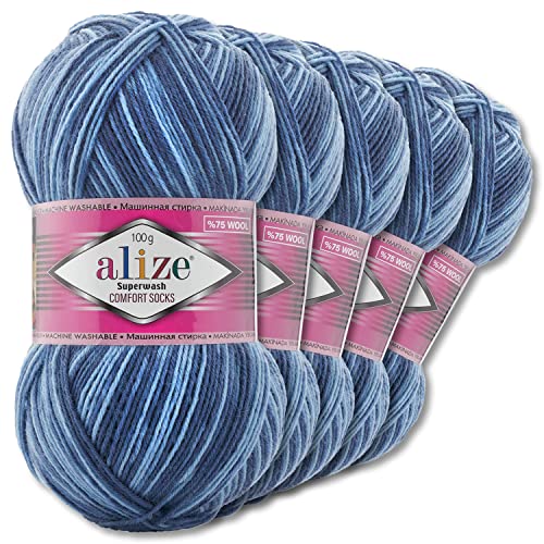 Wohnkult Alize 5x100g Superwash Comfort Sockenwolle 33 Farben zur Auswahl EIN-/Mehrfarbig (7677)