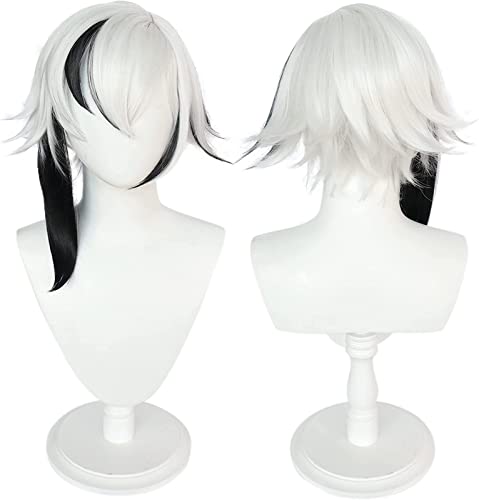 ZUKKY Anime Spiel Cosplay Perücke Schwarz Weiß Kurzes Haar for Arlecchino Rollenspiel Halloween Party Requisiten Zubehör Mit Perückenkappe