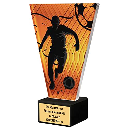 Larius Fussball Pokal - Ehrenpreis Trophäe Goldener Schuh Ball - Amber Glaspokal (Fussball Champion, mit Wunschtext)