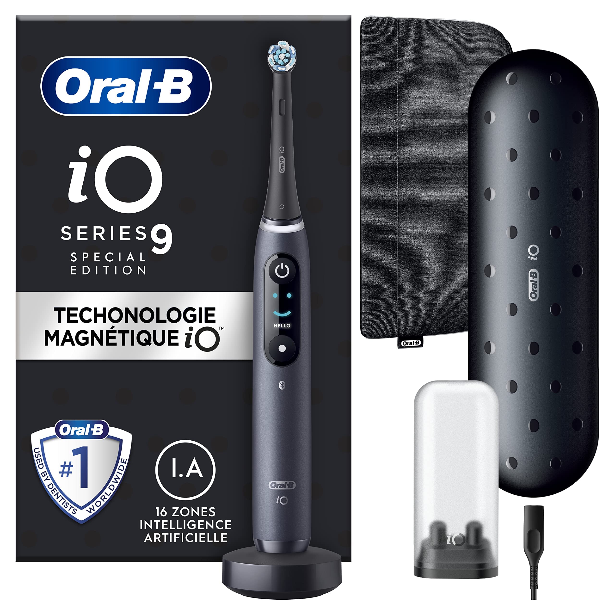 Oral-B iO Series 9 Special Edition, elektrische Zahnbürste, Bluetooth verbunden, 7 Bürsten-Modi, 1 Reiseetui, 1 Tasche, Schwarz