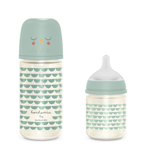 Suavinex, 2 Babyflaschen aus Glas: 120 ml Langsamer Nahrungsfluss (S) + 240 ml Mittlerer Nahrungsfluss (M), mit physiologischem Sauger SX Pro aus Silikon, mit Anti-Colic-Ventil, für Babys +0 M, Grün