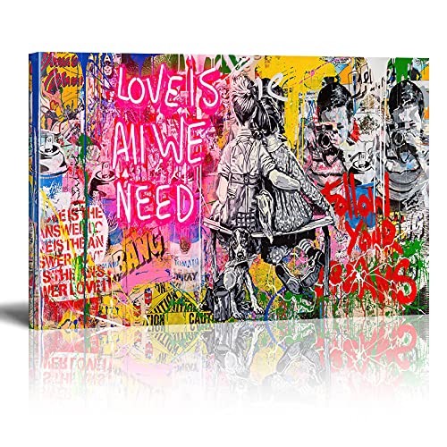 Banksy Kunst auf Leinwand Bild Love is All We Need Graffiti Street Art Wand Bild Pop Art Gemälde Kunstdruck Modern Wandbilder XXL Wanddekoration (Mit Rahmen, 120x80cm)