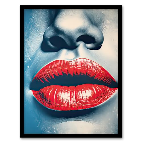 Irresistible Lips Lipstick Love Seduction in Blue and Red Artwork Framed Wall Art Print A4
