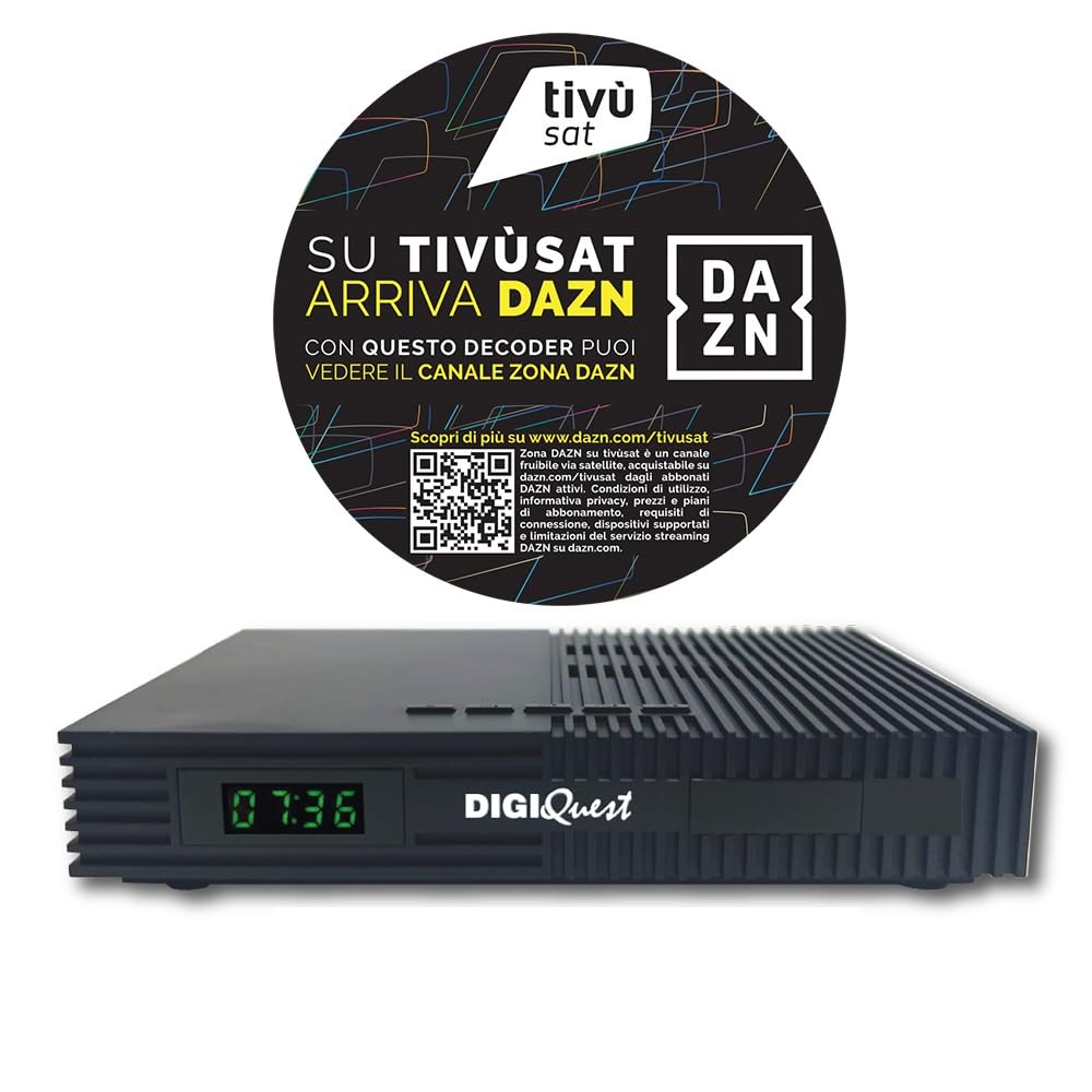 Digiquest Tivùsat Ti9 DVB-S2 Decoder mit Fernbedienung 2 in 1, schwarz, inklusive Tivusat-Karte, Aufnahmefunktion zuschaltbar - DAZN Zone Kanal-fähiges Gerät