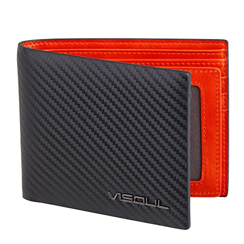 VISOUL Herren-Geldbörse aus Karbonfaser-Leder, RFID-blockierend, mit 2 Ausweis-Fenstern, Ledergeldbörse für Herren, Schwarz + Orange / Rot, RFID-Brieftasche