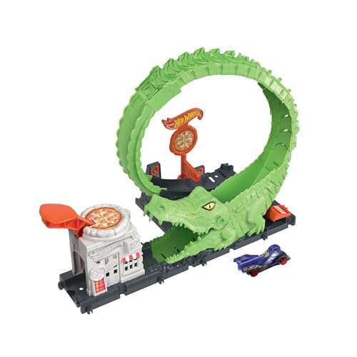 Hot Wheels HKX39 - Rennbahnset mit 1 Hot Wheels Auto, anpassbarer Rennbahn, die Sich mit Anderen Sets verbinden lässt, Spielset „Pizzeria-Krokodilangriff“, Spielzeug Autos ab 4 Jahren