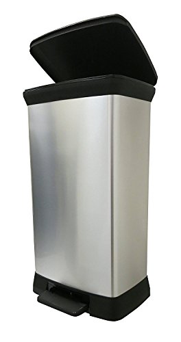 Curver Deko-Mülleimer mit Pedalöffnung und Absenkautomatik, Metalleffekt, silberfarben, 50 Liter