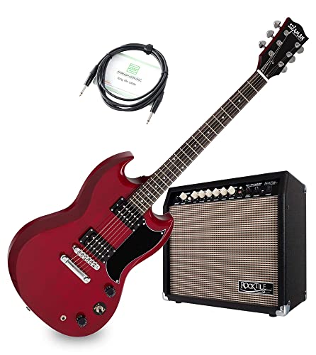 Shaman Element Series DCX-100R E-Gitarre Verstärker Set - Double Cut-Bauweise mit 2 Humbucker -Macassar Griffbrett - 30 Watt Gitarrencombo mit 2 Kanälen - 8" Speaker - Gitarrenkabel - rot