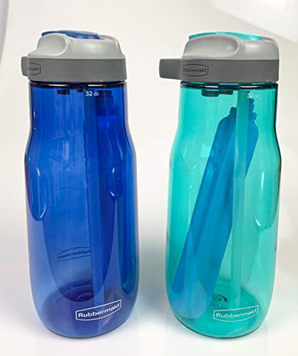 Rubbermaid Water Bottle Lock Lid - Leak-Proof Reusable Container - Comes with Blue Ice Stick to Keep Drinks Colder Longer - BPA-Free - Great for Travel - 32 Ounces, Nautical Blue and Aqua, 2 Pack