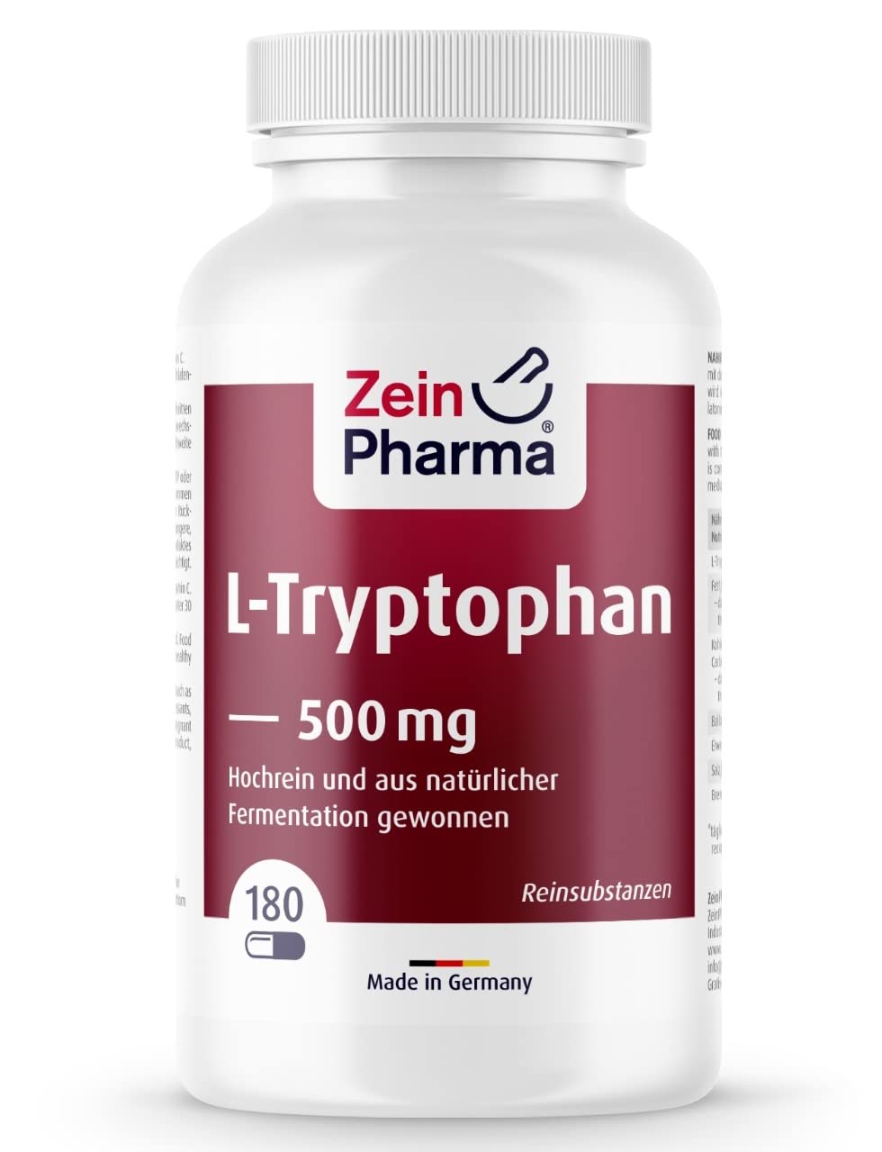 ZeinPharma L-Tryptophan 500mg - 180 vegane Kapseln - Aus pflanzlicher Fermentation - natürlich, laborgeprüft, vegan, hochdosiert & in Deutschland produziert
