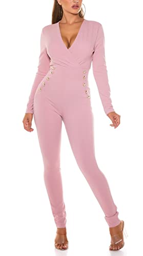 Koucla Damen Overall Eleganter Jumpsuit Hosenanzug V-Ausschnitt Deko-Knöpfen (Rosa, XL)