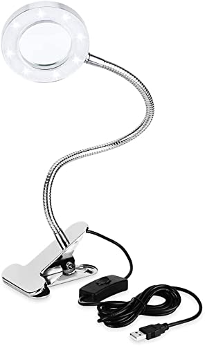 eecoo Lupenleuchte mit USB Kabel und Schalter, Lupenlampe mit Klemme, 2,5 Fache LED Lupenleuchte, Klemmleuchte mit flexible Schwanenhals, für Präzisionsarbeit, Make up, Tattoo, Lesen, Silber