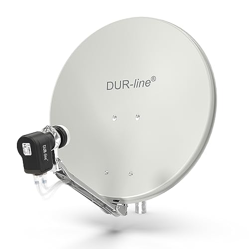 DUR-line 4 Teilnehmer Set - Qualitäts-Alu-Satelliten-Komplettanlage - Select 60cm/65cm Spiegel/Schüssel Hellgrau + Quad LNB - für 4 Receiver/TV [Neuste Technik, DVB-S2, 4K, 3D]