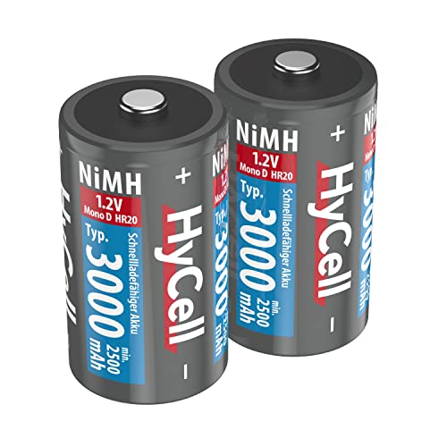 HyCell wiederaufladbar Akku Batterie Mono D Typ 3000mAh NiMH ohne Memory-Effekt 2er Pack Photo Fotoakku Digitalkamera Spielzeug-Akku