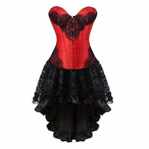 Damen sexy Korsett Kleid elegant Burlesque Corsage Top Corsagenkleid Spitze Rock Set Halloween Schwarz Rot l