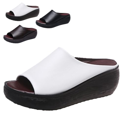 heofonm Orthopedic Sandals 2024 Summer Comfortable Orthotic Leather Wedges Slides Dressy Platform Heel Arch Support Slip Sandals (White,10.5)