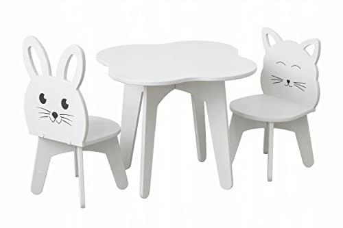 Nordville Kinder Set Tisch Wolke +2 Stühle Katze & Hase aus MDF Platte - Sehr Stabil Abgerundete Kanten - Perfekt fürs Kinderzimmer Junge & Mädchen