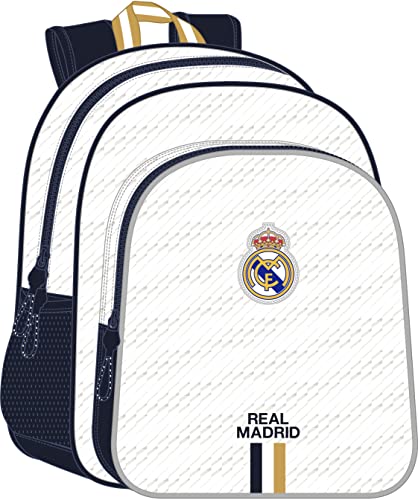 safta Real Madrid Schulrucksack für Kinder, anpassbar, ideal für Kinder im Schulalter, bequem und vielseitig, Qualität und Strapazierfähigkeit, 32 x 12 x 38 cm, Weiß, weiß, Estándar, Casual
