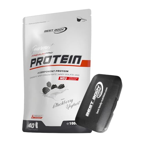 1kg Best Body Nutrition Gourmet 4 Komponenten Protein Eiweißshake - Set inkl. Protein Shaker / Gratiszugabe (Blackberry Yoghurt, Best Body Tablettenbox)