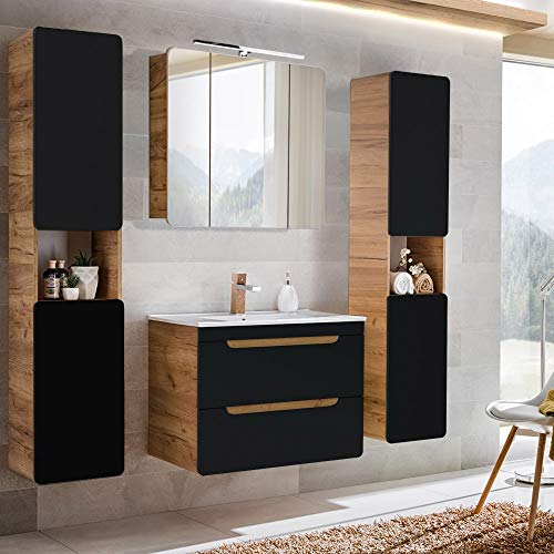 Lomadox Badezimmermöbel Set mit Keramik-Waschtisch mit 80cm Unterschrank, seidenmatt antrhazit mit Wotaneiche, 2 Hochschränke und LED-Spiegelschrank