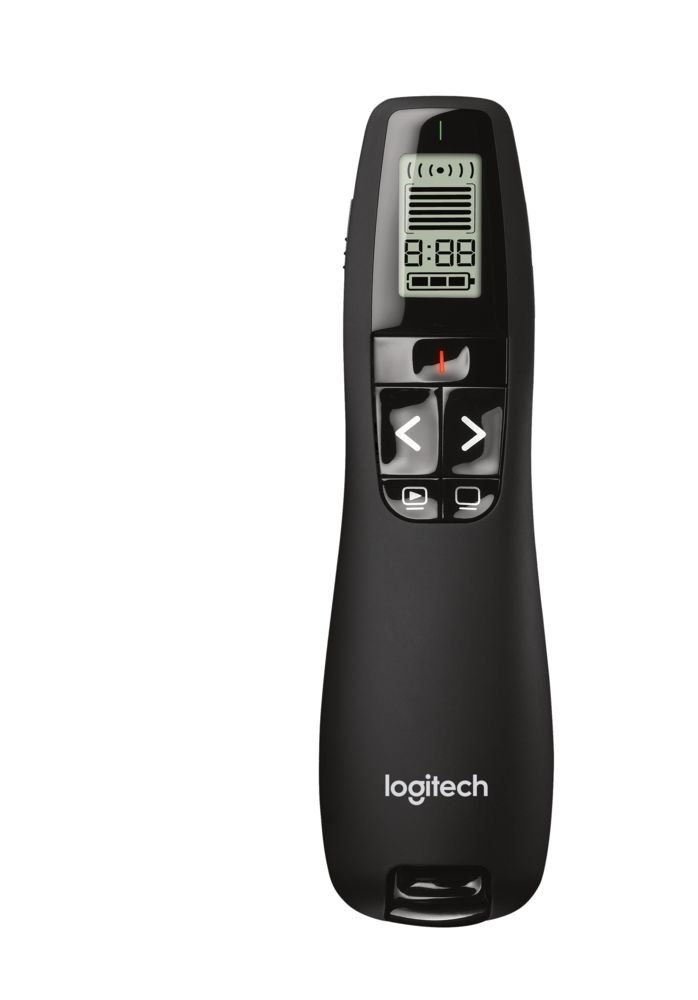 Logitech R700 Presenter, Kabellose 2.4 GHz Verbindung via USB-Empfänger, 30m Reichweite, Roter Laserpointer, LCD-Display mit Timer und Batterieanzeige, 6 Tasten, PC - Schwarz