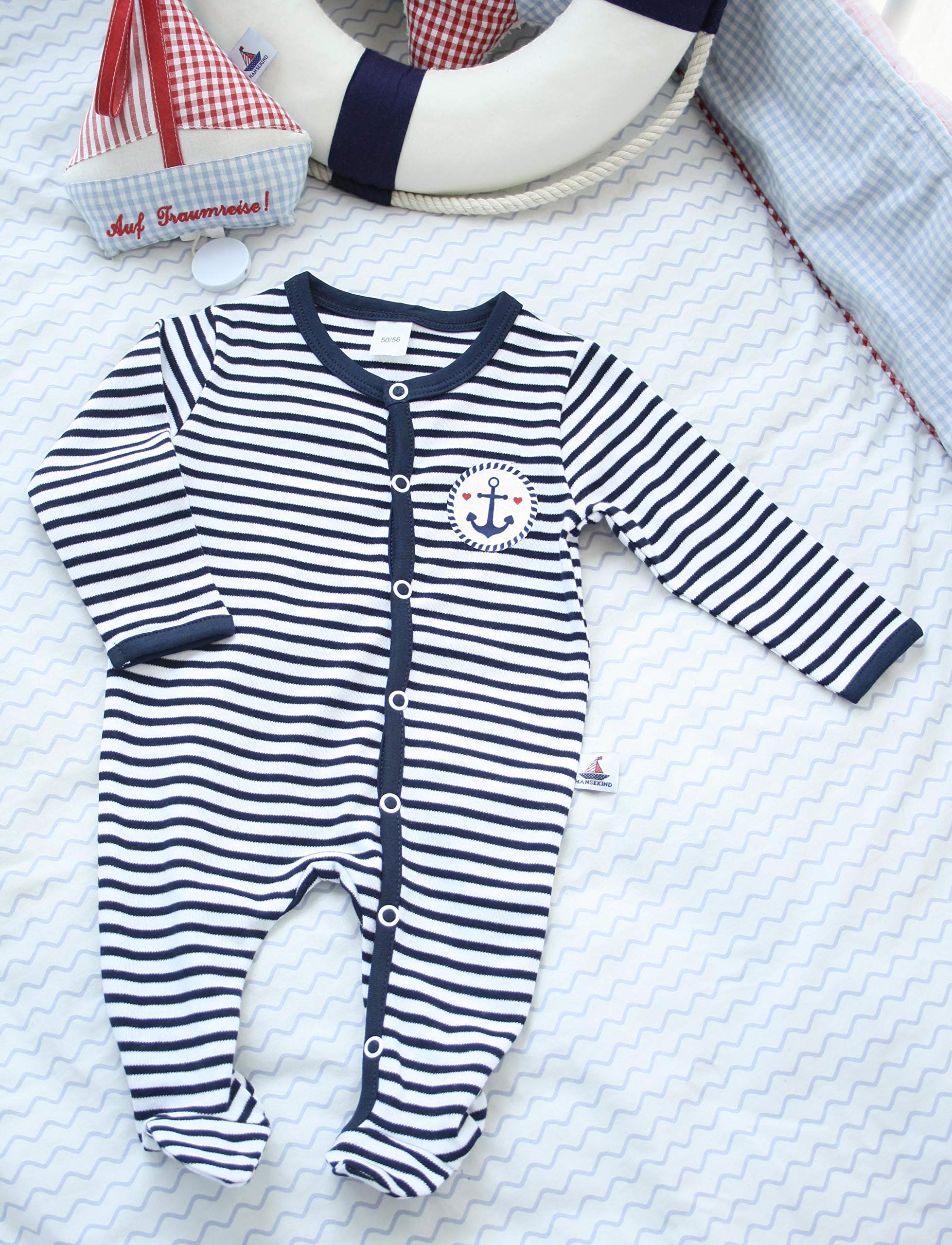 Hansekind Babystrampler mit Druck, navy-gestreift 62-68