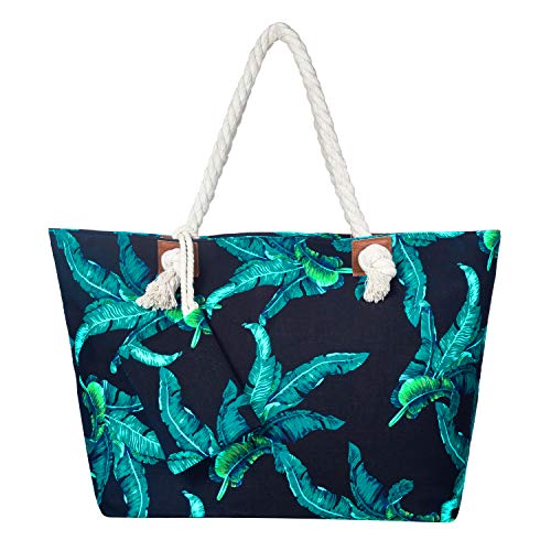 Große Strandtasche wasserabweisend mit Reißverschluss Blätter blau