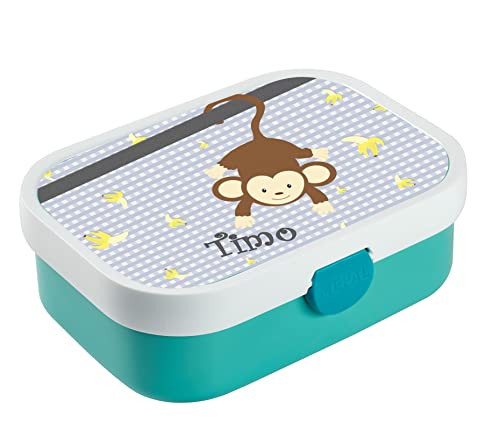 CreaDesign, Brotdose Kinder mit Fächern personalisiert Lunchbox Türkis mit Bento Einsatz, Brotbox mit Unterteilung Affe grau