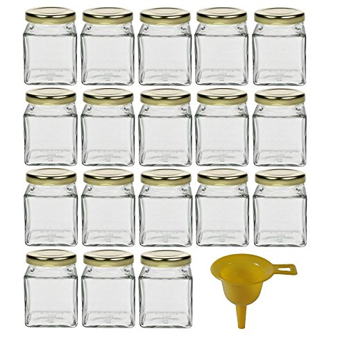 Viva Haushaltswaren - 18 x kleines Marmeladenglas / Gewürzglas 106 ml mit goldfarbenem Schraubverschluss, Gläser Set mit Deckel als Einmachgläser, Vorratsdose etc. verwendbar (inkl. Trichter)