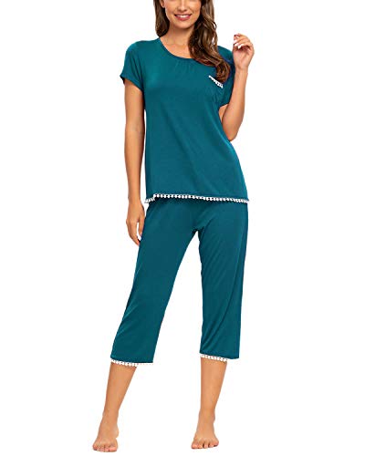MINTLIMIT Damen Pyjama Schlafanzug Kurz Nachtw鋝che Nachthemd Hausanzug Kurzarm mit Caprihose (Teal Blue,Gr鲞e L)