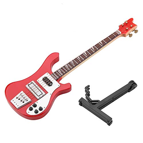 Hilitand Rote Miniatur Bassgitarre Holz Replik Modell Ornament mit verstellbarem Ständer Mini Art Projects