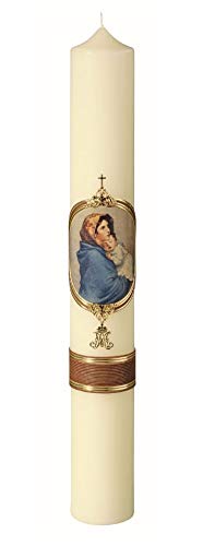 Marienkerzen 60 x 8 cm, Maria mit Jesuskind, Handverziert mit Wachsplatten und Wachsborden