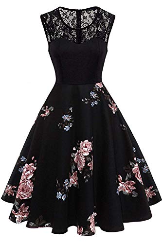 Axoe Damen 50er Jahre Rockabilly Kleid mit Blumenmuster Ärmellos, Farbe04, XXL (46 EU)