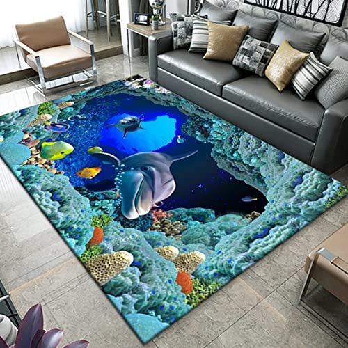 Unterwasserwelt 3D-Ozean Teppich Fisch Koralle Delfin Haus Dekoration Wohnzimmer Schlafzimmer Badezimmer Rutschfester Rug Eingangstürmatte Ocean World Kinderkrabbel Carpet (160X200 cm, Muster 2)