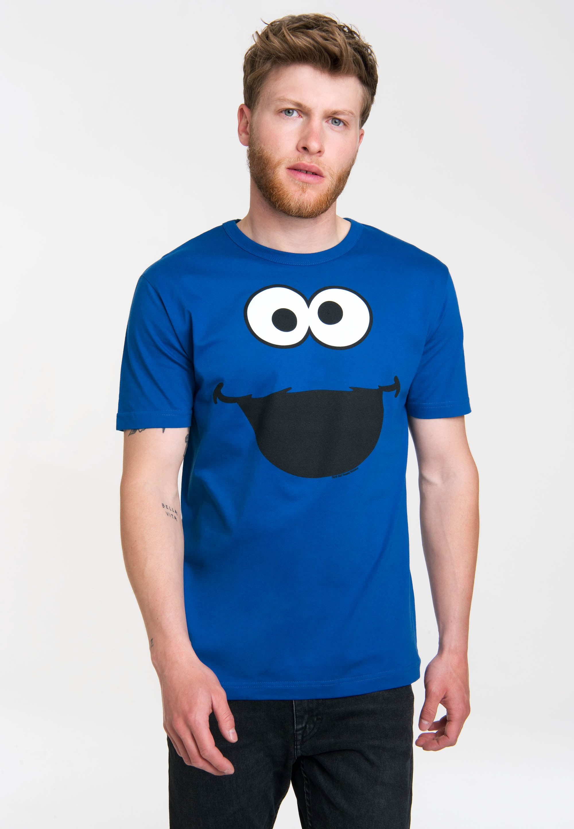 Logoshirt Krümelmonster T-Shirt - Gesicht - Sesamstrasse T-Shirt Original - Rundhals T-Shirt Cookie Monster Shirt - blau - Lizenziertes Originaldesign, Größe L