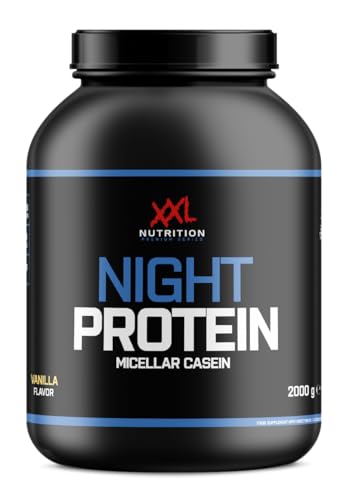 XXL Nutrition - Night Protein - 100% Micellar-Casein Protein Pulver, 87,2% Proteingehalt, Eiweißabgabe über 8 Stunden, Hochwertiges Kasein - 2000 Gramm - Vanille