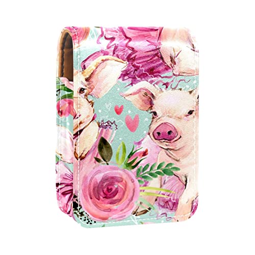 Lippenstift-Etui mit Spiegel, Aquarell, niedliches rosa Schwein, Blumendruck, Lipgloss-Halter, tragbare Lippenstift-Aufbewahrungsbox, Reise-Make-up-Tasche, Mini-Leder-Kosmetiktasche für 3