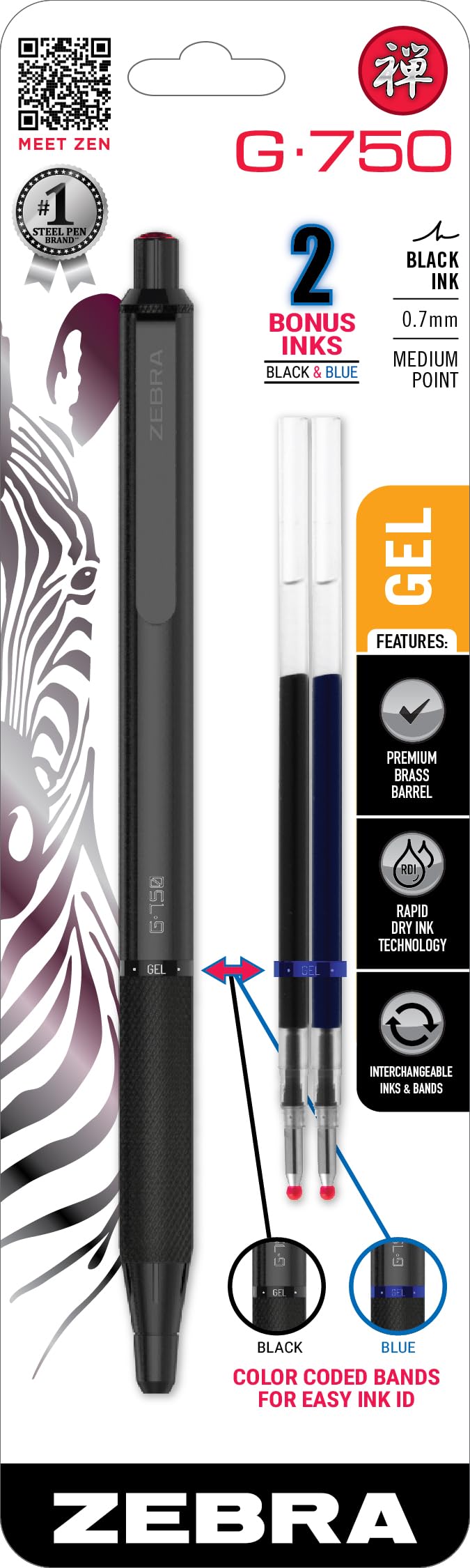 Zebra Pen G-750 Gelschreiber, einziehbar, schwarzer Messingschaft, mittlere Spitze, 0,7 mm, schwarze Tinte, 1 Stück (49811)