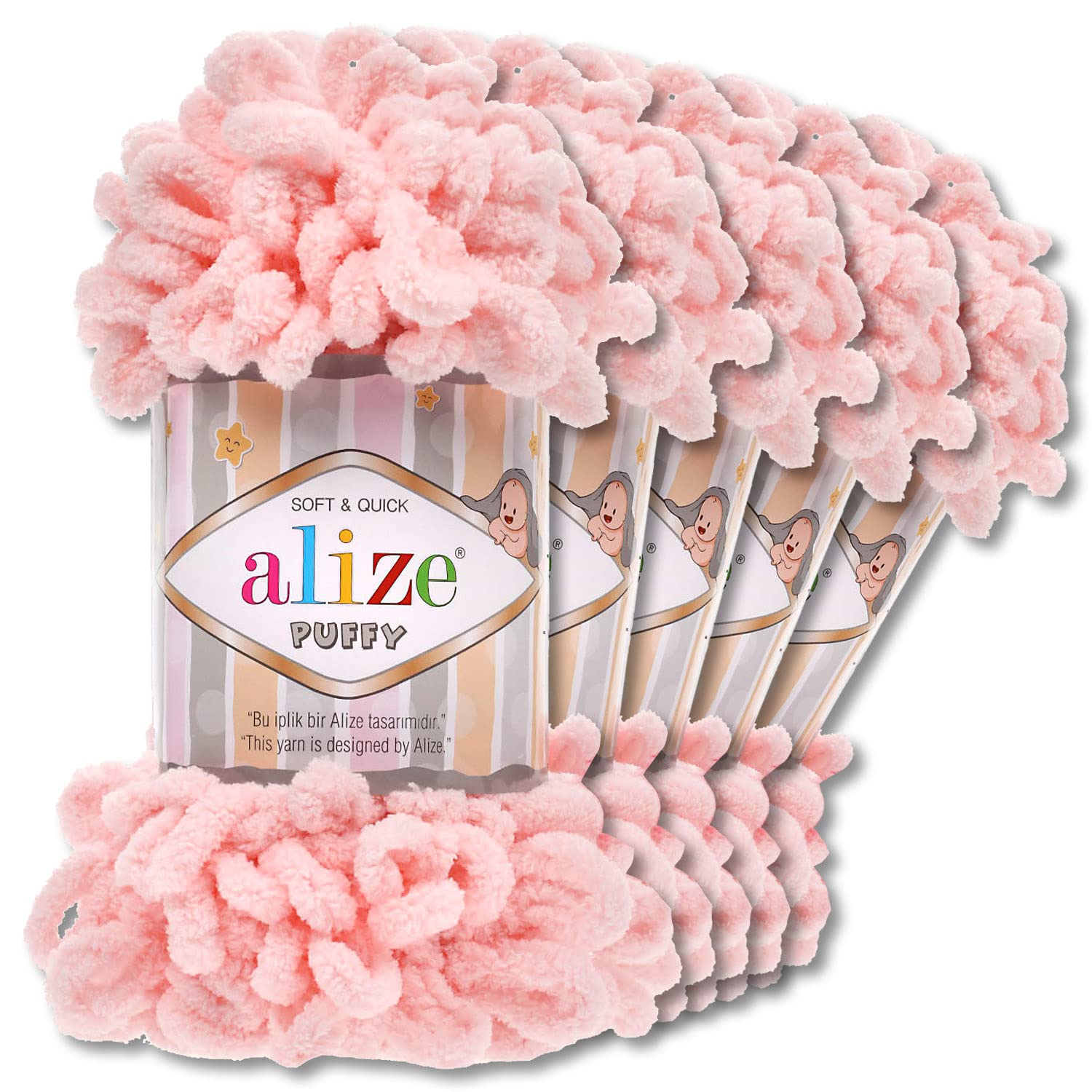 Alize 5 x 100 g Puffy Wolle Chenille Schlaufenwolle Häkeln und Stricken ohne Hilfsmittel Kleidung Accesoire Decken Teppiche (340 | Hellrosa)