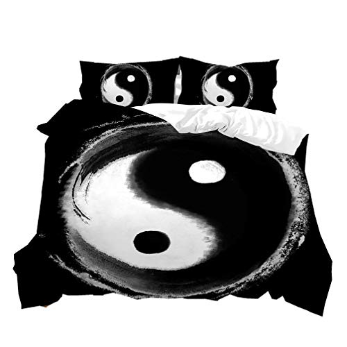 Yin Yang Bettwäsche Set Tai Chi Drachen Fisch Mandala Schwarz Weiß Kunst 3D Blumen Druck Bettbezug 2/3 Stück Tier Aquarell Bett Set Bettdecke Quilt (Style 3, 220 x 240 cm)