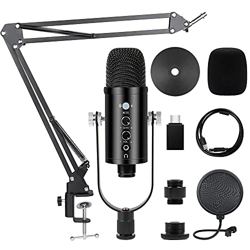 Kalawen USB Mikrofon PC Kondensator Mikrofone Cardioid Podcast Mikrofon Kit mit Mikrofon Arm Mikrofonständer Stoßdämpferhalterung Aufnahme Microphone für Studio, Broadcast, YouTube, Video