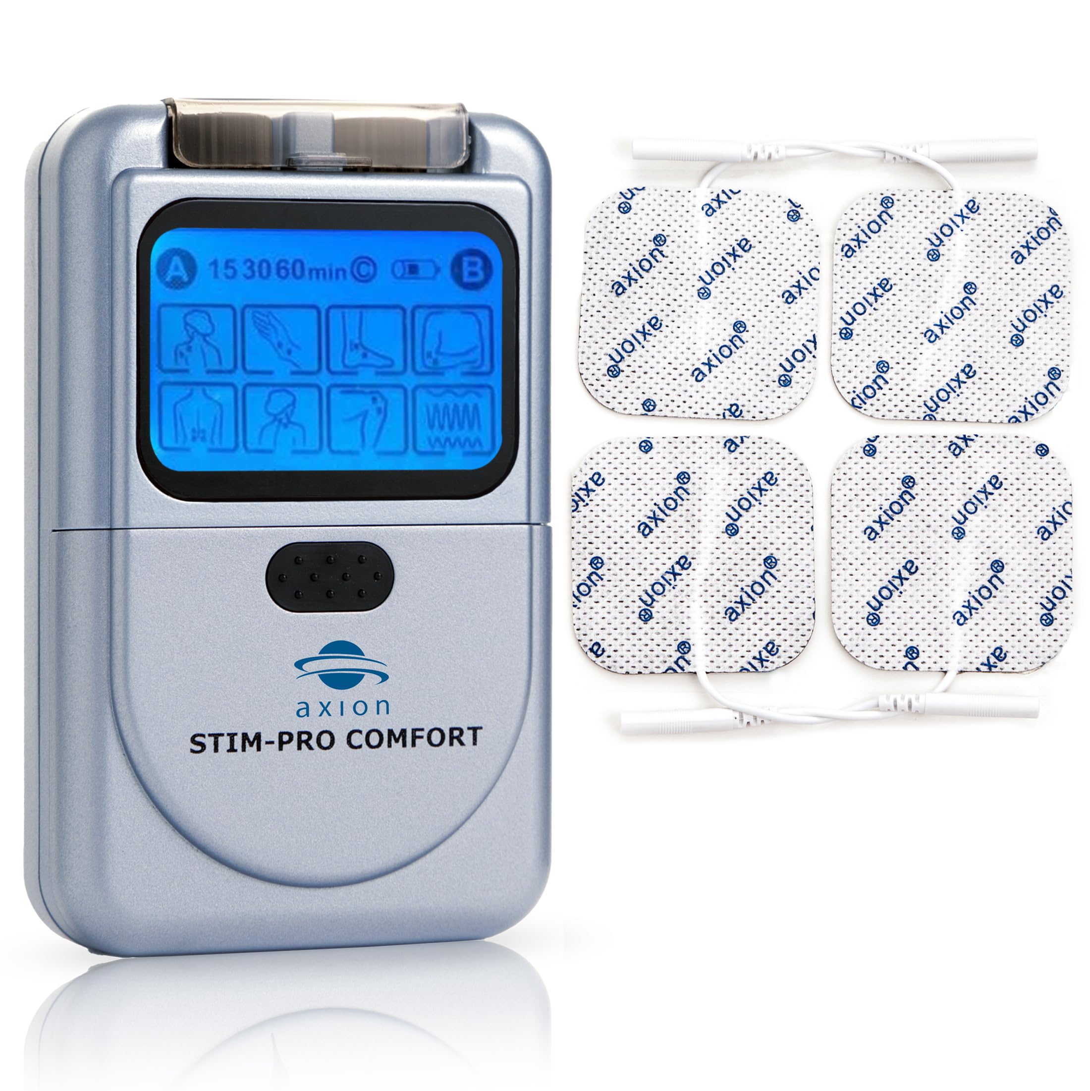 axion TENS Gerät STIM-PRO Comfort zur Schmerztherapie - 4 STK 5x5 cm Elektroden Pads | Reizstromgerät für Schmerztherapie z.B. bei Arthrose, Arthritis, Nacken, Rücken, Gelenke | Zert. Med. Produkt