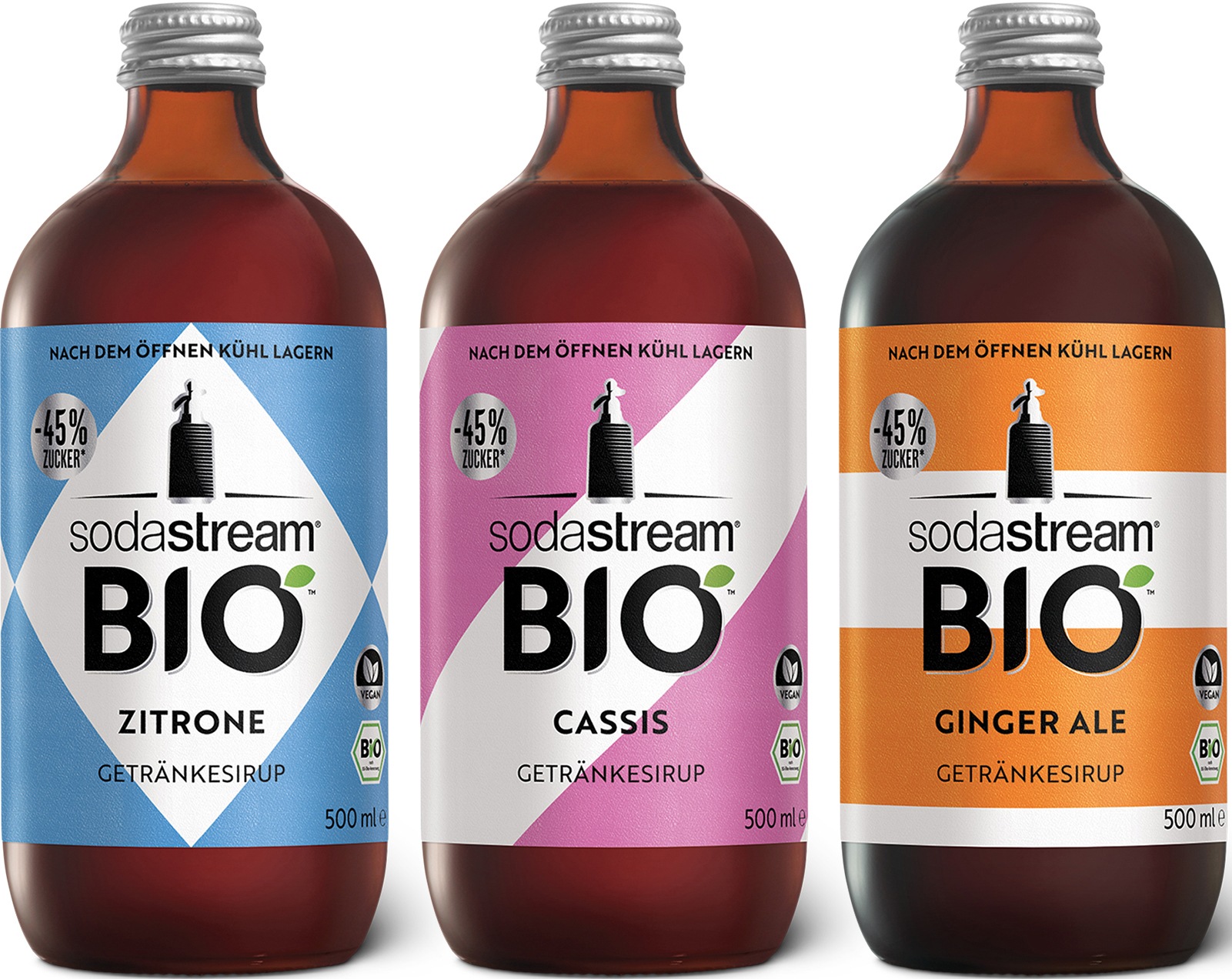 SodaStream Getränke-Sirup "BIO", Zitrone, Cassis, Ginger Ale, 0,5 l, (3 Flaschen), Flasche3,5 L Fertiggetränk, 500 ml (Zitrone, Cassis, Ginger Ale)