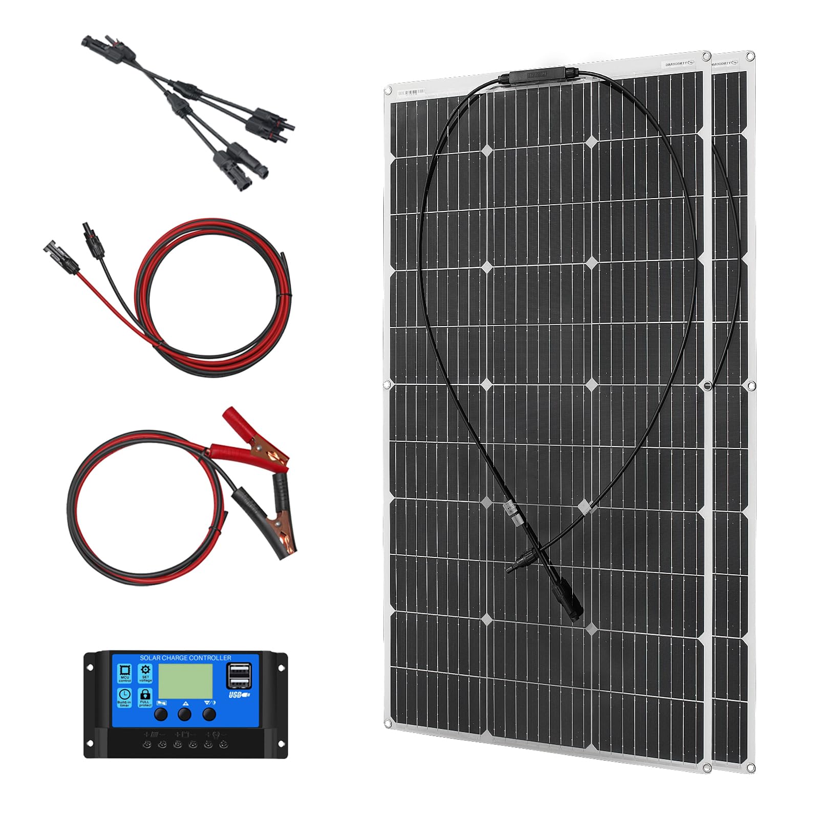 200W Flexible Solar module Kit 2 * 100W 18V single crystal photovoltaic module 20Acontroller, for charging 12V batteries - mobile homes, caravans, boats, roofs （200）
