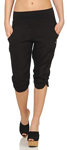 Malito Damen Hose aus Leinen | Stoffhose in Uni Farben | Freizeithose mit Knöpfen | Chino - Capri - Strandhose 7988 (schwarz, M)